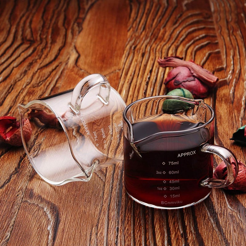 Espresso K Cups Clear Glass Coffee Mugs 2pcs Glass Creamer Jug Clear Coffee Measuring Shot Espresso Steaming Pitcher Measuring Cup for Kitchen 75ml Espresso K Cups Clear Glass Coffee Mugs - Image 3