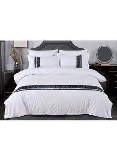 llwoo Premium 400 Thread Count Cotton King Size Quilt Cover Set - Luxurious Sateen Weave Printer Striped Bedding with Hidden Zipper Closure - Includes 4 Pillow Cases (White, 220*240 cm) 