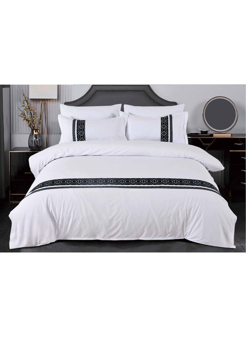 llwoo Premium 400 Thread Count Cotton King Size Quilt Cover Set - Luxurious Sateen Weave Printer Striped Bedding with Hidden Zipper Closure - Includes 4 Pillow Cases (White, 220*240 cm) 
