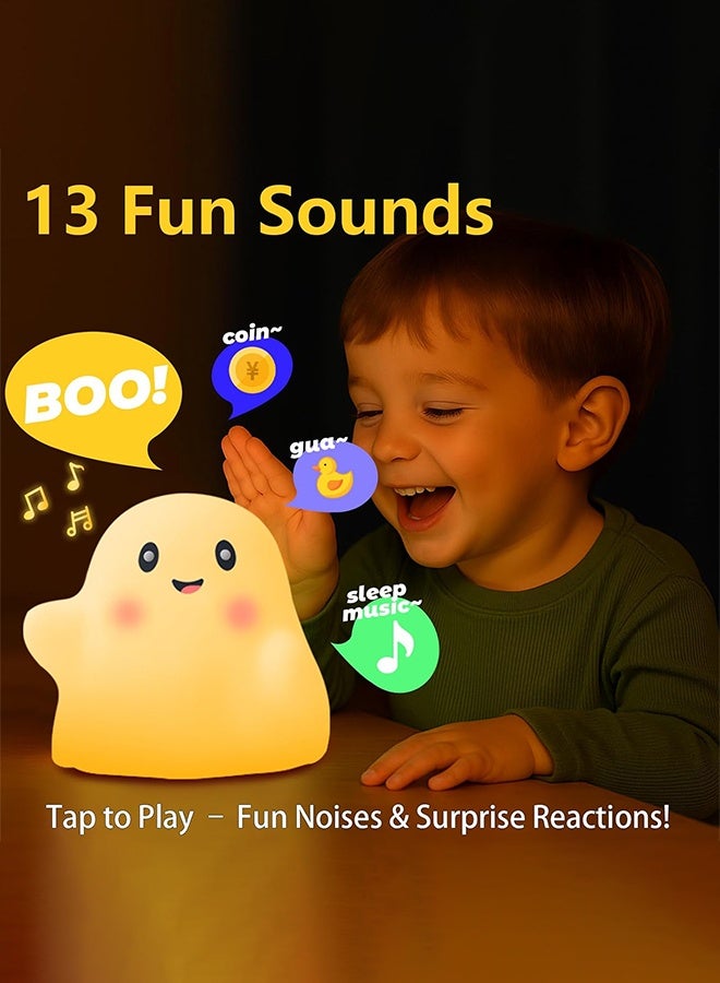 Cute Night Light for Kids-Touch+Squishy Silicone+2700k Eye-Safe LED+Fun Sounds, 30-Min Timer, Dimmable, Nursery/Bedside/Bedroom Light - Gift for Boys, Girls, Baby, Toddler Cut Ghost Light - Image 3