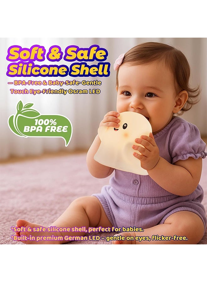 Cute Night Light for Kids-Touch+Squishy Silicone+2700k Eye-Safe LED+Fun Sounds, 30-Min Timer, Dimmable, Nursery/Bedside/Bedroom Light - Gift for Boys, Girls, Baby, Toddler Cut Ghost Light - Image 5