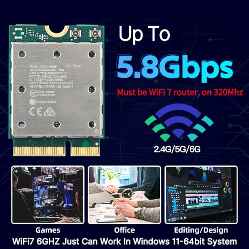 DERAPID WiFi 7 Card QCNCM865, M.2 Key E Wireless Adapter, Tri-Band 2.4GHz/5GHz/6GHz, Bluetooth 5.3, 5.8Gbps, Only for Windows 11 64-bit, Compatible with Intel AMD Laptops Includes WiFi Antennas - Image 3