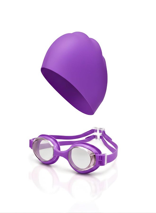 Aganta Swimming Cap and Goggles Set for Kids | Anti-Fog UV Protection Waterproof Swim Goggles | Soft Silicone Swim Cap for Boys Girls (Purple) - Image 1
