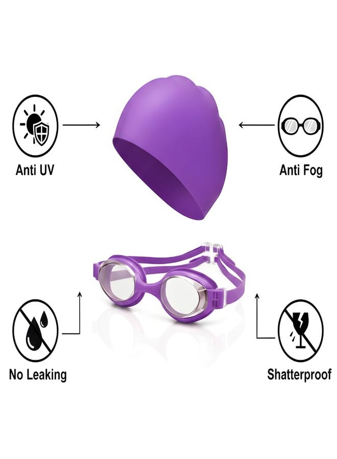 Aganta Swimming Cap and Goggles Set for Kids | Anti-Fog UV Protection Waterproof Swim Goggles | Soft Silicone Swim Cap for Boys Girls (Purple) - Image 5