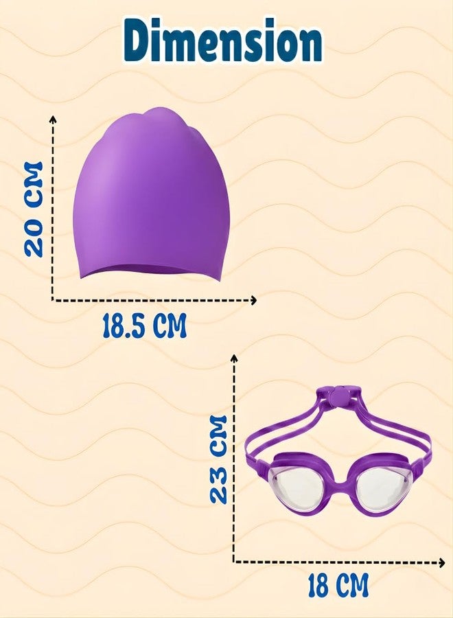 Aganta Swimming Cap and Goggles Set for Kids | Anti-Fog UV Protection Waterproof Swim Goggles | Soft Silicone Swim Cap for Boys Girls (Purple) - Image 3