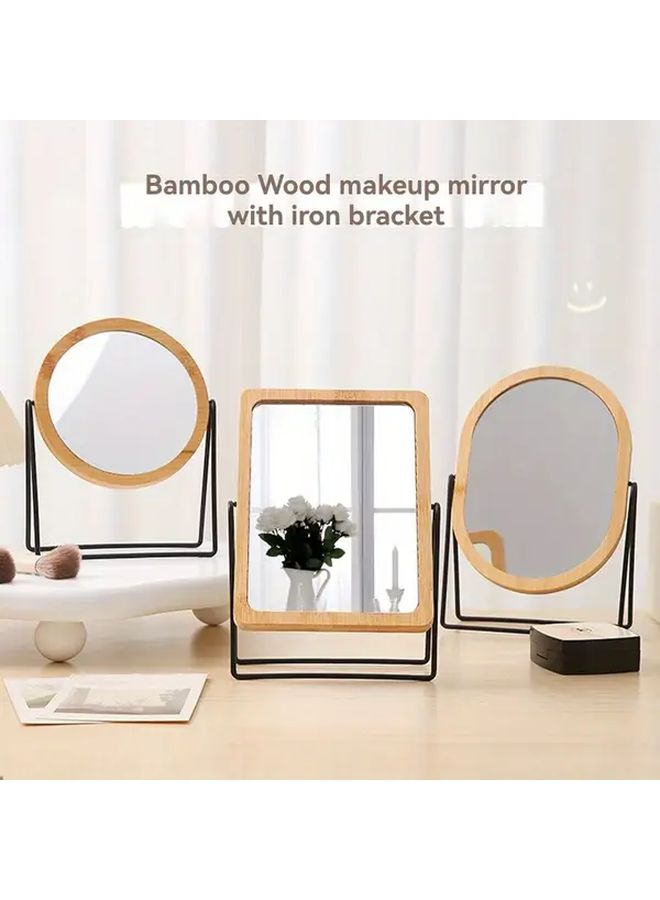 Circle Dual Sided Rotating Makeup Mirror Polished Glass Natural Wood Design No Battery Needed - Image 2