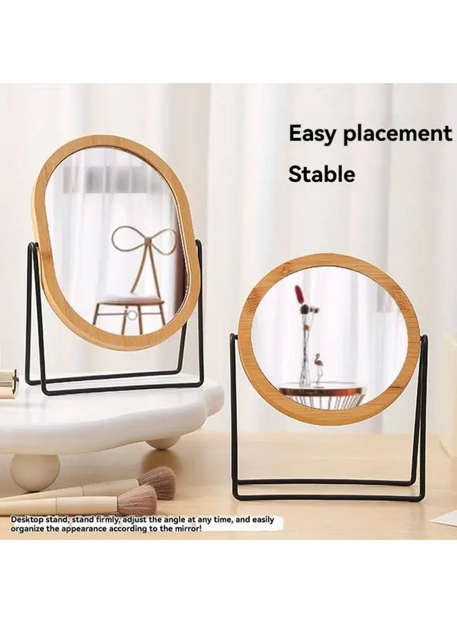 Circle Dual Sided Rotating Makeup Mirror Polished Glass Natural Wood Design No Battery Needed - Image 3