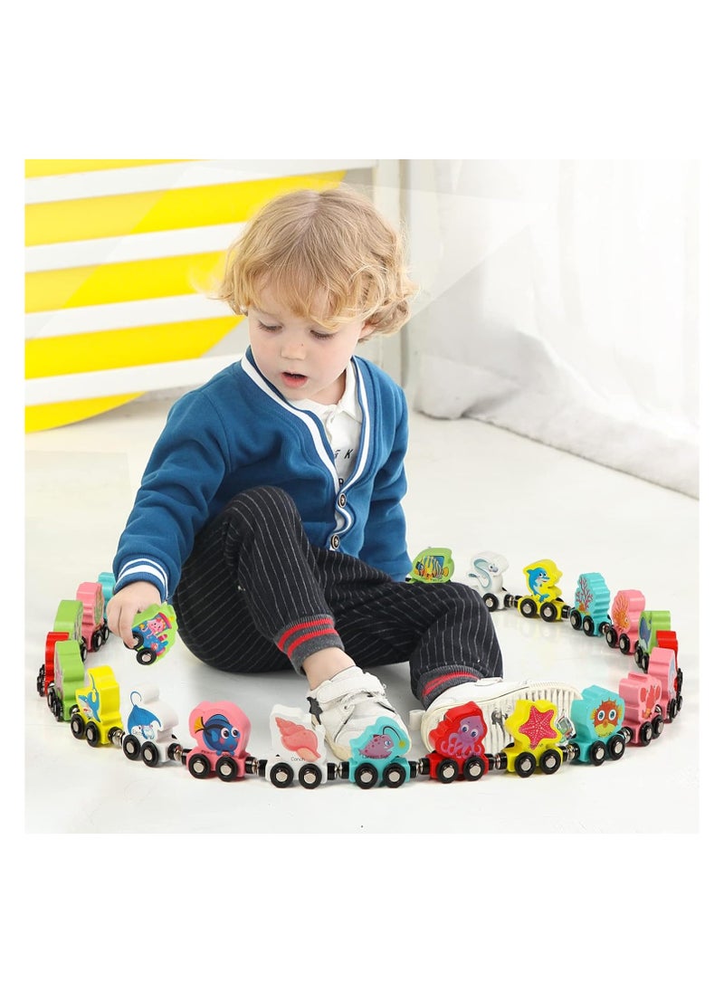 27-Piece Wooden Railway Set – Magnetic Sea Animals Car for Toddlers, Boys & Girls, Compatible with Large Brand Railway Sets, Educational Toy for Color & Animal Recognition, Ideal Gift for Ages 3+  - Image 2