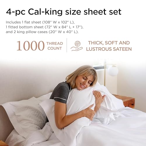 Threadmill Certified 100% American Supima Luxury Cotton Sheets California-King Sheets,1000 Thread Count Sateen Weave, 4 Pc Luxury Bed Sheets Set, Hotel White Sheet with Elasticized Deep Pocket - Image 2
