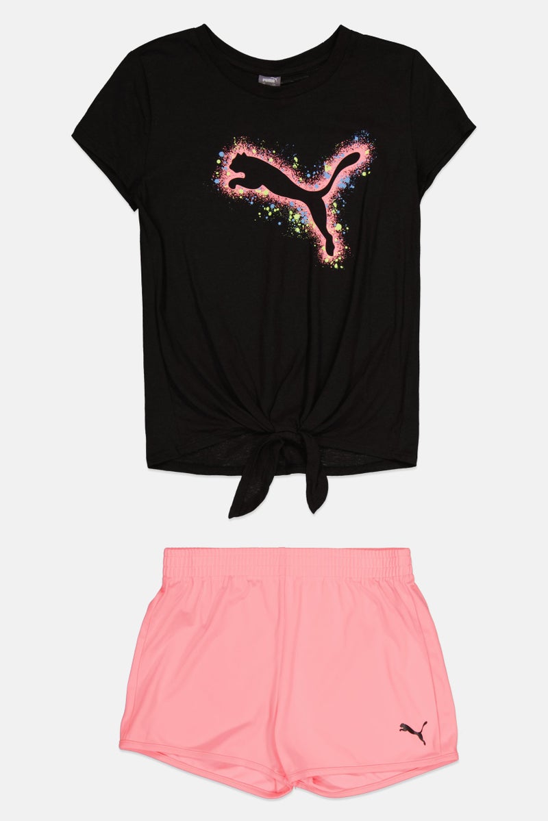 PUMA ملابس رياضية للبنات للأطفال 2 قطعة تناسب شعار العلامة التجارية قميص وسروال قصير، متعدد الألوان - Image 2