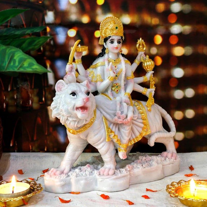 alikiki Durga MATA Idol Statue– 8.5” Marble Color Hindu Goddess Durga on Tiger Sculpture India Diwali Gifts Home Office Temple Mandir Altar Pooja Murti Item Deepavali Gifts for Indian - Image 4
