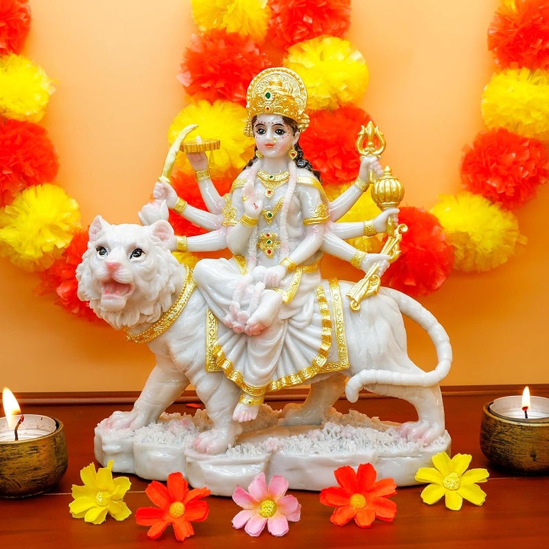 alikiki Durga MATA Idol Statue– 8.5” Marble Color Hindu Goddess Durga on Tiger Sculpture India Diwali Gifts Home Office Temple Mandir Altar Pooja Murti Item Deepavali Gifts for Indian - Image 3