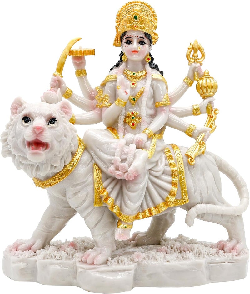 alikiki Durga MATA Idol Statue– 8.5” Marble Color Hindu Goddess Durga on Tiger Sculpture India Diwali Gifts Home Office Temple Mandir Altar Pooja Murti Item Deepavali Gifts for Indian - Image 1