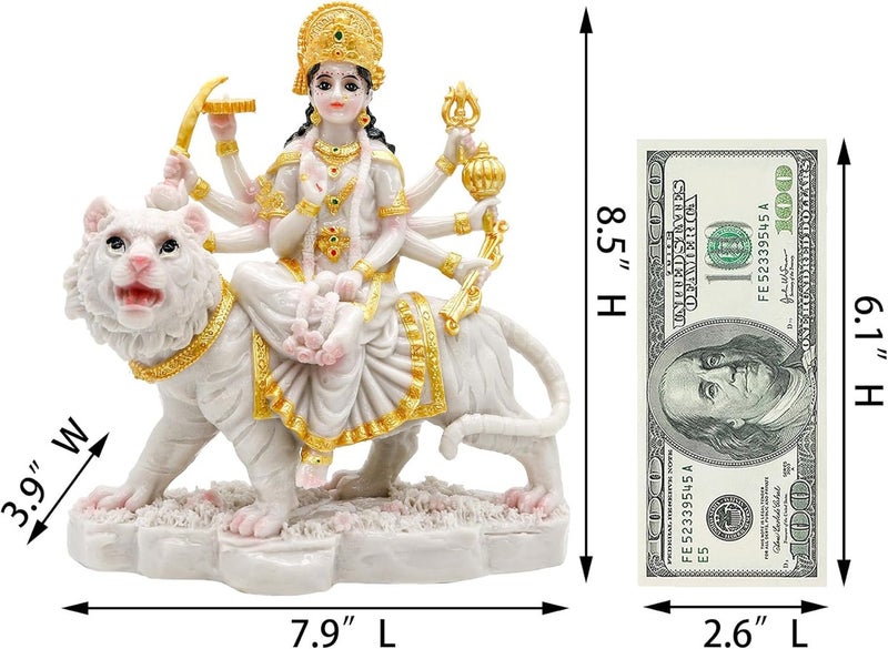 alikiki Durga MATA Idol Statue– 8.5” Marble Color Hindu Goddess Durga on Tiger Sculpture India Diwali Gifts Home Office Temple Mandir Altar Pooja Murti Item Deepavali Gifts for Indian - Image 5