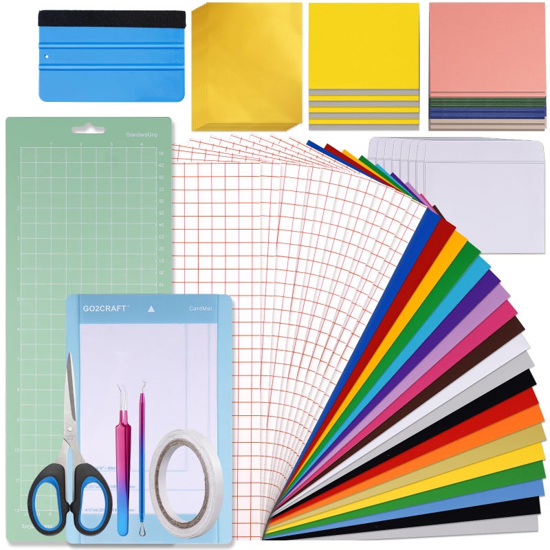 GO2CRAFT Accessories Bundle, 70Pcs Ultimate Accessories and Supplies with Adhesive Vinyl Sheets, Folded Card Stock, Card Mat, Weeding Tools, Crafting Starter Kit - Image 1