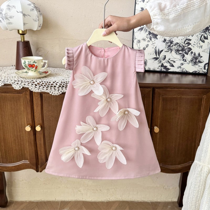 77321 2025 Korean Style Girls Flower Pleated Flying Sleeve Long Dress Girl Elegant Beautiful Dress - Image 3