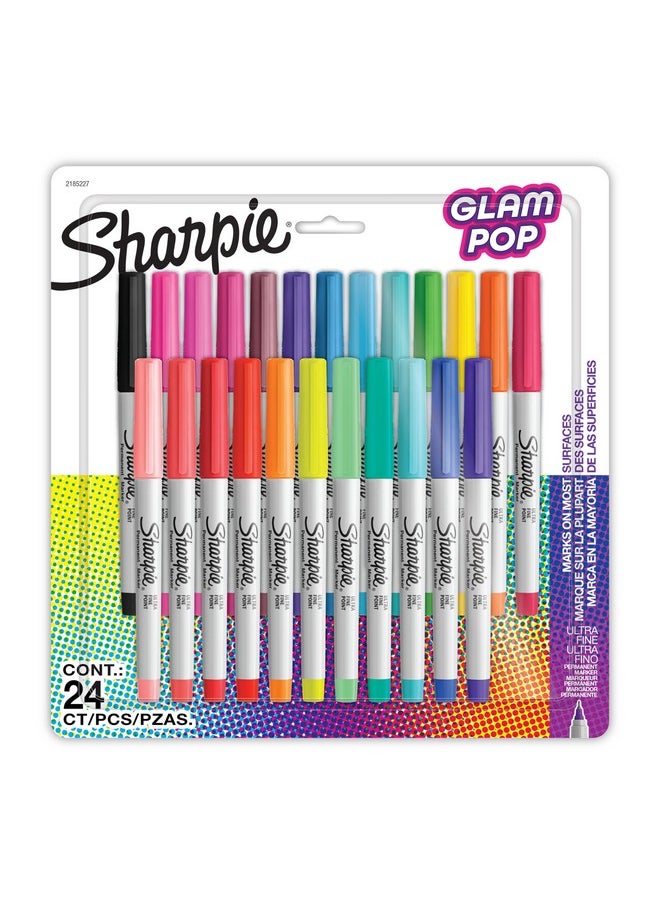 Sharpie Glam Pop Permanent Markers, Ultra Fine Tip Marker Set, Coloring Markers, Art Markers, Drawing Markers, Writing Markers, Resilient Ink, Assorted Colors, 24 Count  - Image 1