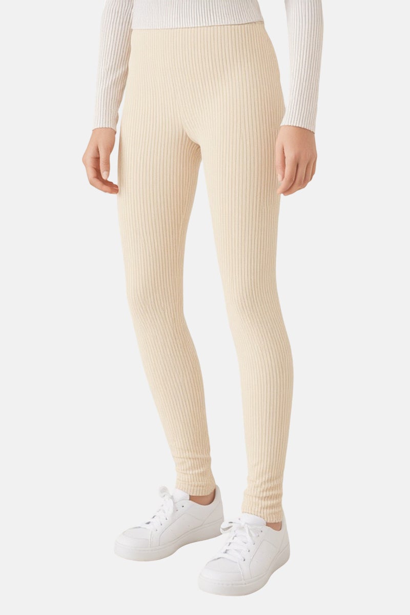 KOTON Kids Girl Ribbed Leggings, Beige - Image 1