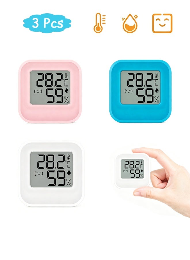 Quantum 3 Pcs Digital Indoor Thermometer Hygrometer with Comfort Indicator - Mini LCD Temperature Humidity Monitor - Small Room Temperature Humidity Gauge for Baby Room Greenhouse & Home (White+Pink+Blue) - Image 1