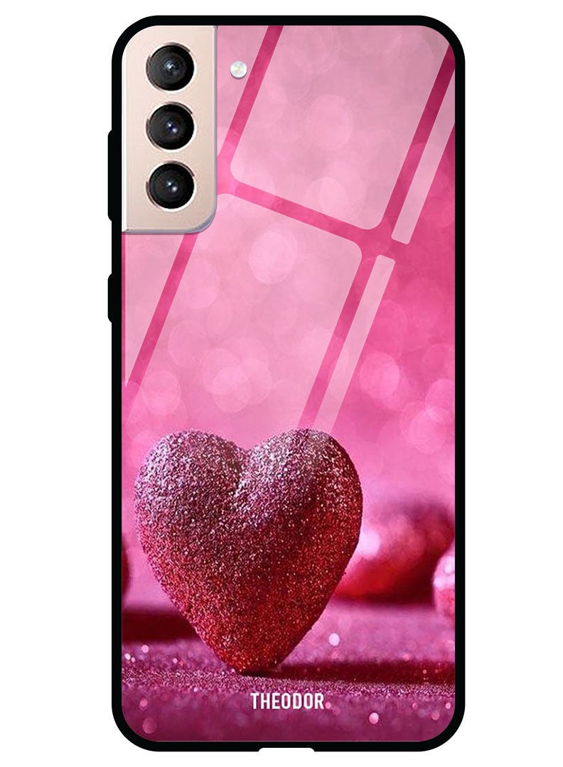 Theodor Protective Tempered Glass Case Cover Samsung Galaxy S21  Dark Pink Gliter Heart - Image 1