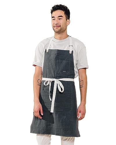 Caldo Linen Kitchen Apron for Cooking Mens and Womens Linen Bib Apron for Professional Chef Server or Barista  Adjustable with Pockets Slate - Image 1