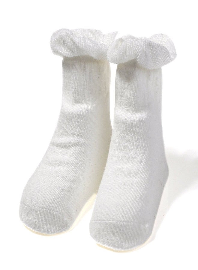 EPEIUS Toddler Girls Non Slip Ruffle Frilly Socks with Grips Pointelle Little Kids Cotton Non-skid Socks 6 Pair Pack,Natural White,3-5 Years - Image 3