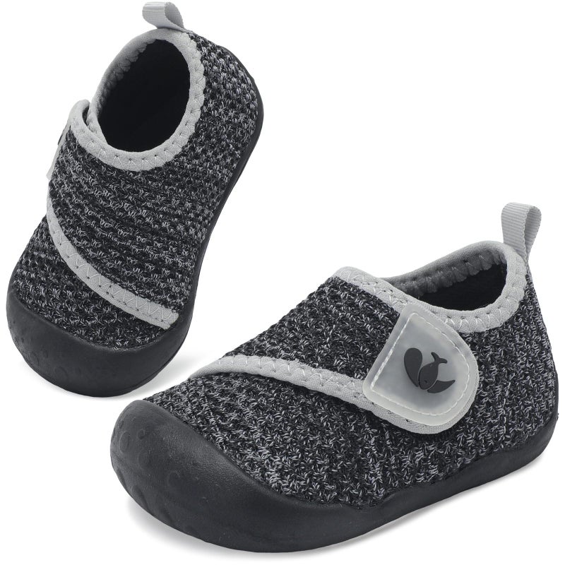 FEETCITY Wide Baby Walking Shoes Barefoot Infant Shoes Baby Sneakers Newborn Crib Shoe Flexible Lightweight Black Grey - Image 1