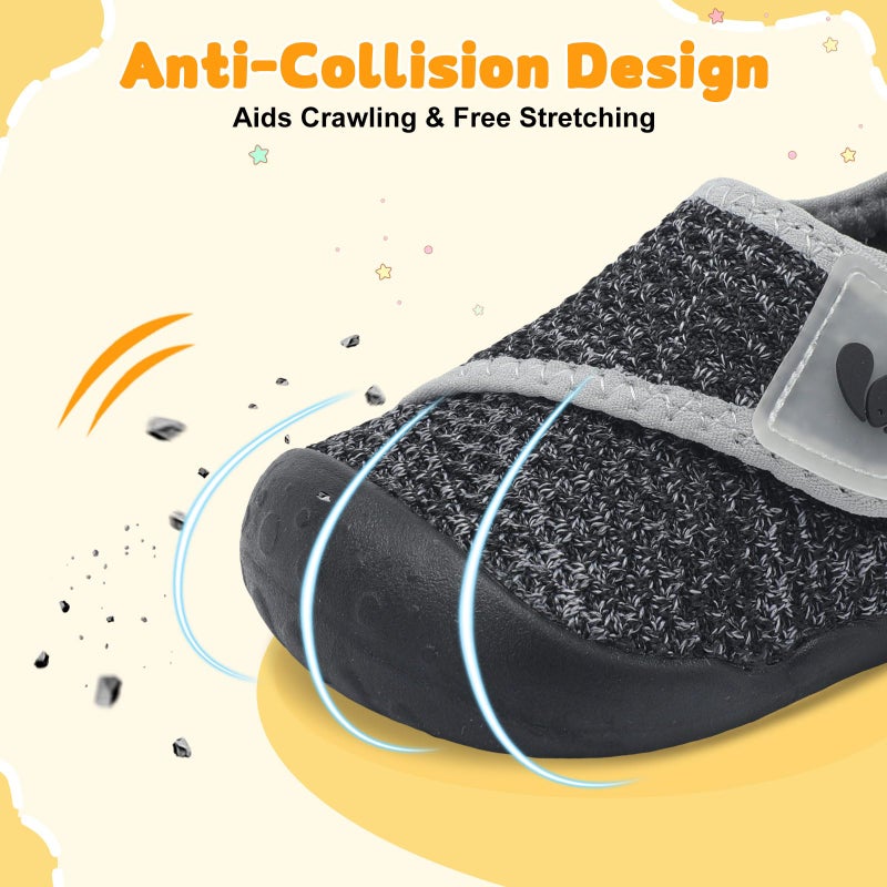 FEETCITY Wide Baby Walking Shoes Barefoot Infant Shoes Baby Sneakers Newborn Crib Shoe Flexible Lightweight Black Grey - Image 4