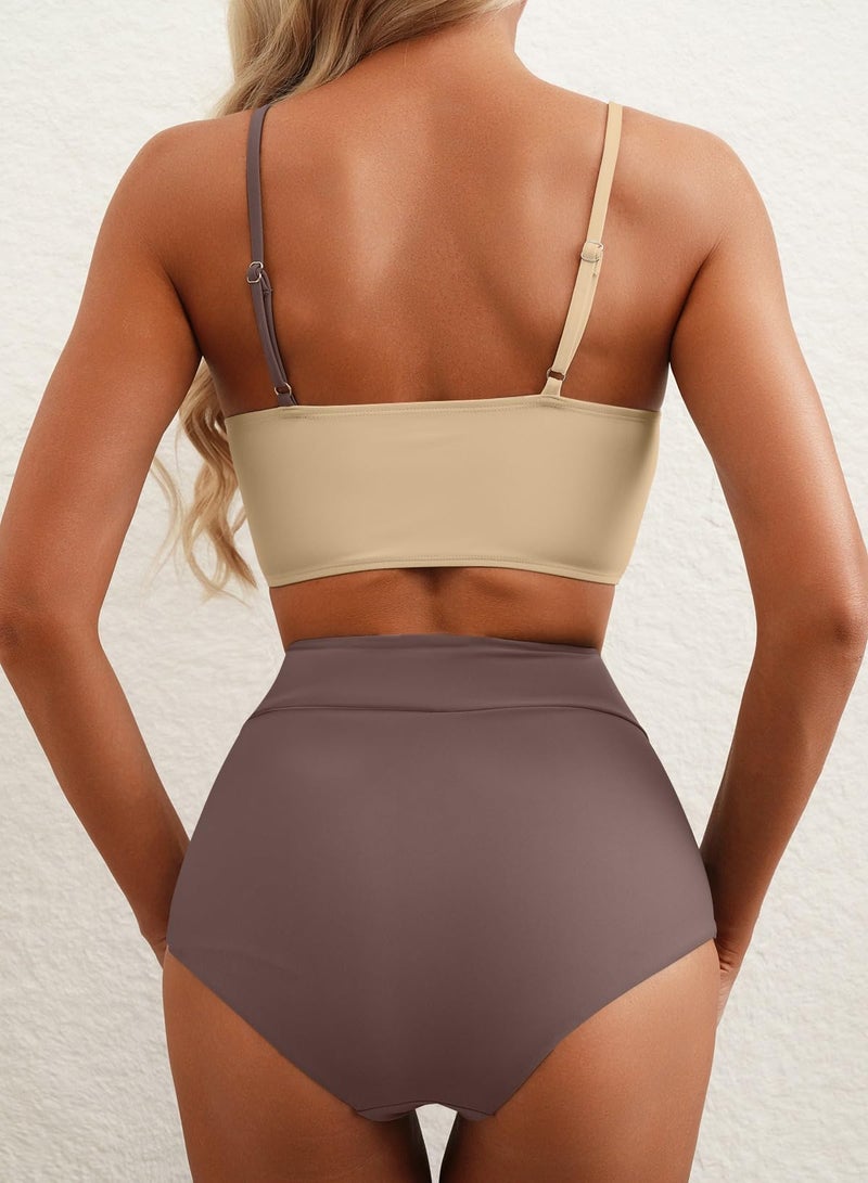 Herseas High Waisted Tummy Control Color Block Bikini Sets 2 Piece Crop Top Full Coverage Swimsuit Best Bathing Suits 2026 Beach Vacation Essentials Dark Brown Medium - Image 2