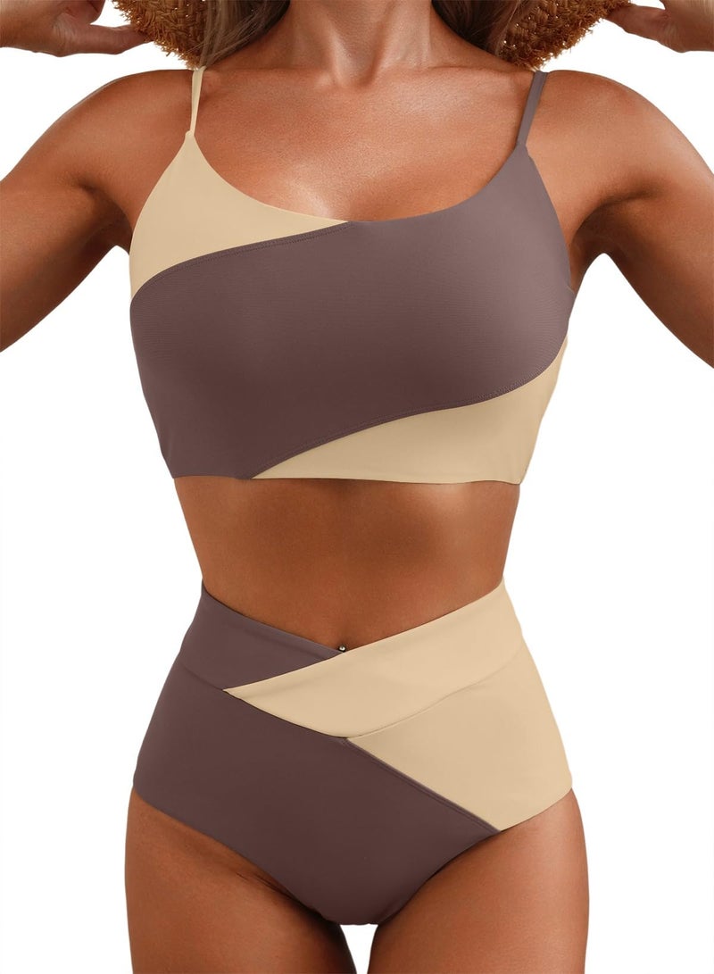 Herseas High Waisted Tummy Control Color Block Bikini Sets 2 Piece Crop Top Full Coverage Swimsuit Best Bathing Suits 2026 Beach Vacation Essentials Dark Brown Medium - Image 1