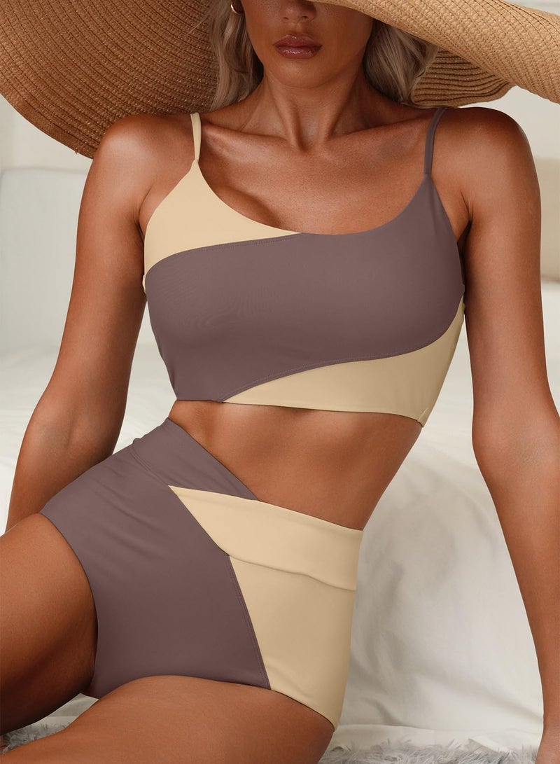 Herseas High Waisted Tummy Control Color Block Bikini Sets 2 Piece Crop Top Full Coverage Swimsuit Best Bathing Suits 2026 Beach Vacation Essentials Dark Brown Medium - Image 3