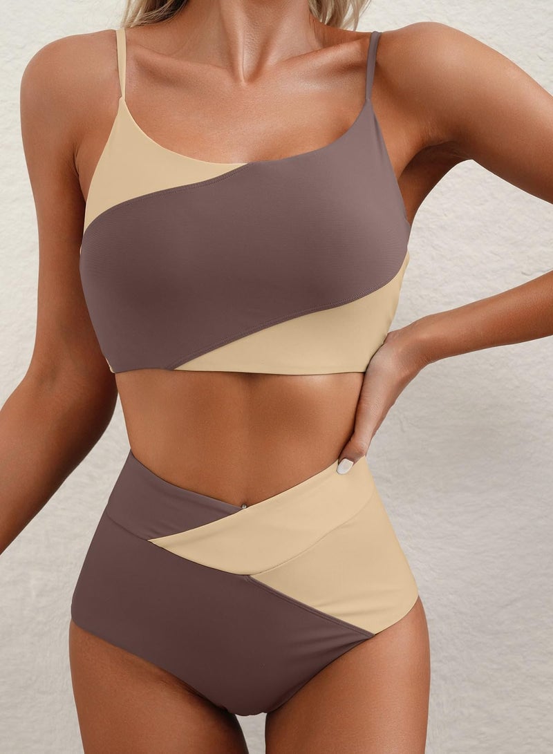Herseas High Waisted Tummy Control Color Block Bikini Sets 2 Piece Crop Top Full Coverage Swimsuit Best Bathing Suits 2026 Beach Vacation Essentials Dark Brown Medium - Image 4