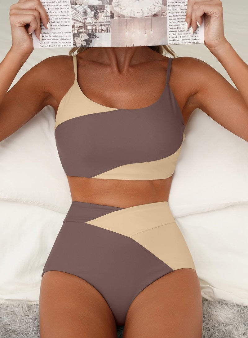 Herseas High Waisted Tummy Control Color Block Bikini Sets 2 Piece Crop Top Full Coverage Swimsuit Best Bathing Suits 2026 Beach Vacation Essentials Dark Brown Medium - Image 5