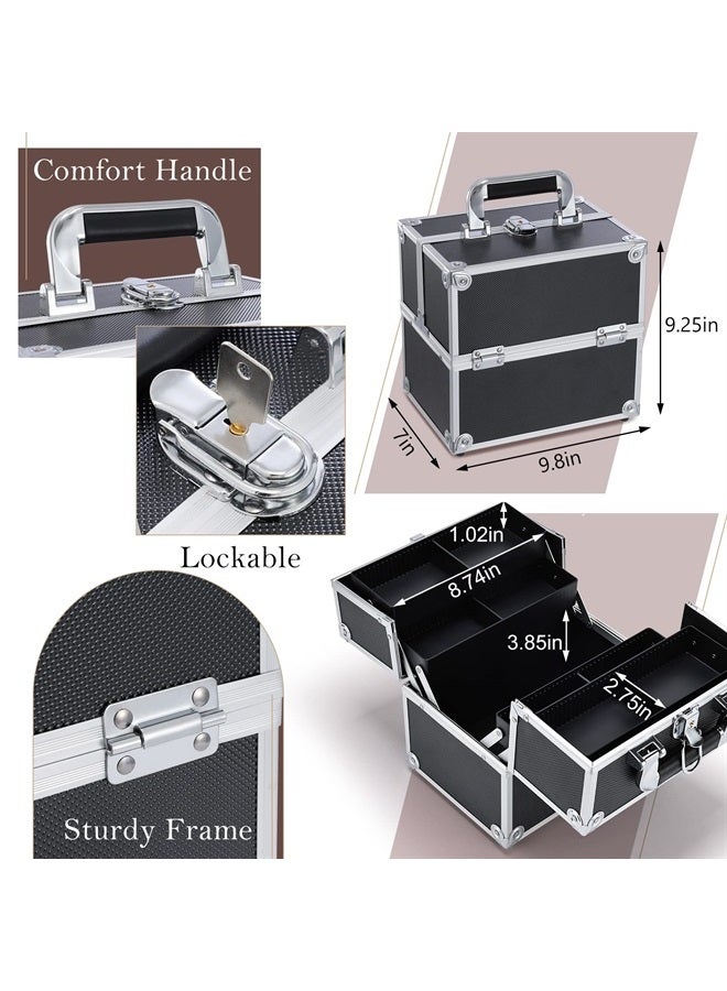 Frenessa Makeup Train Case Cosmetic Organizer Case Professional Makeup Storage Box 4 Trays with Divider Lockable Travel Case Portable Travel Makeup Box for Makeup Artist, Carfter, Cosmetics Black