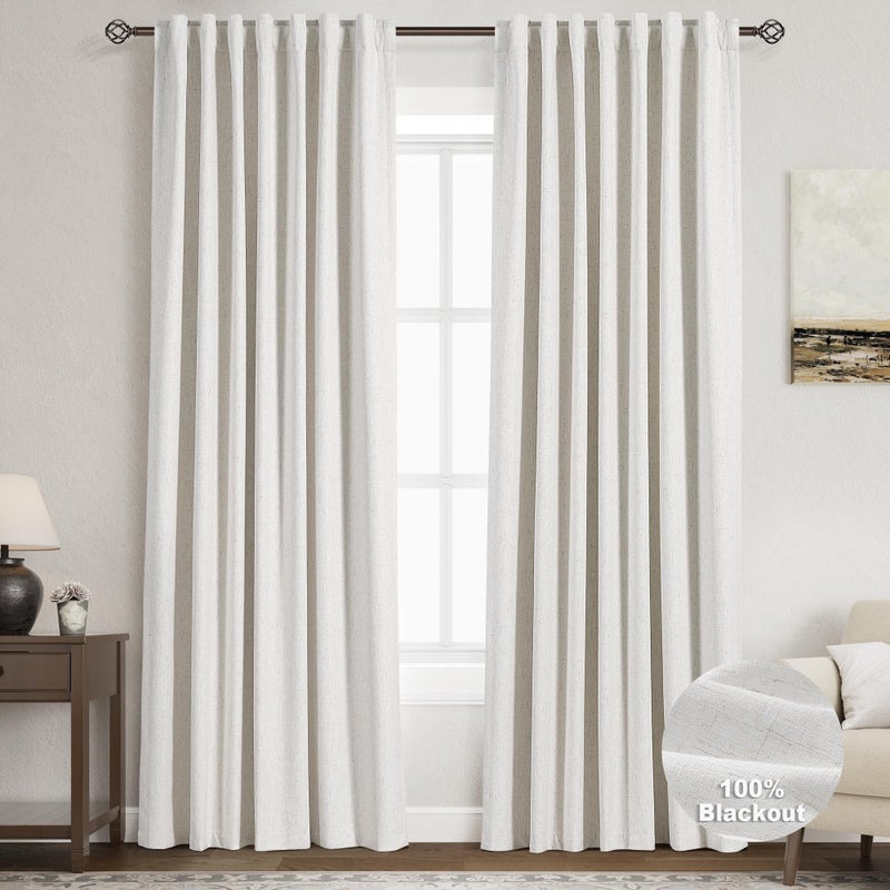 Nanspring Cream Linen Blackout Curtains 84 inch Length 2 Panels Set for Bedroom Thermal Insulated 100% Blackout Linen Drapes Back Tab Neutral Rustic Farmhouse Block Out Room Darkening Window Curtains Ivory - Image 1