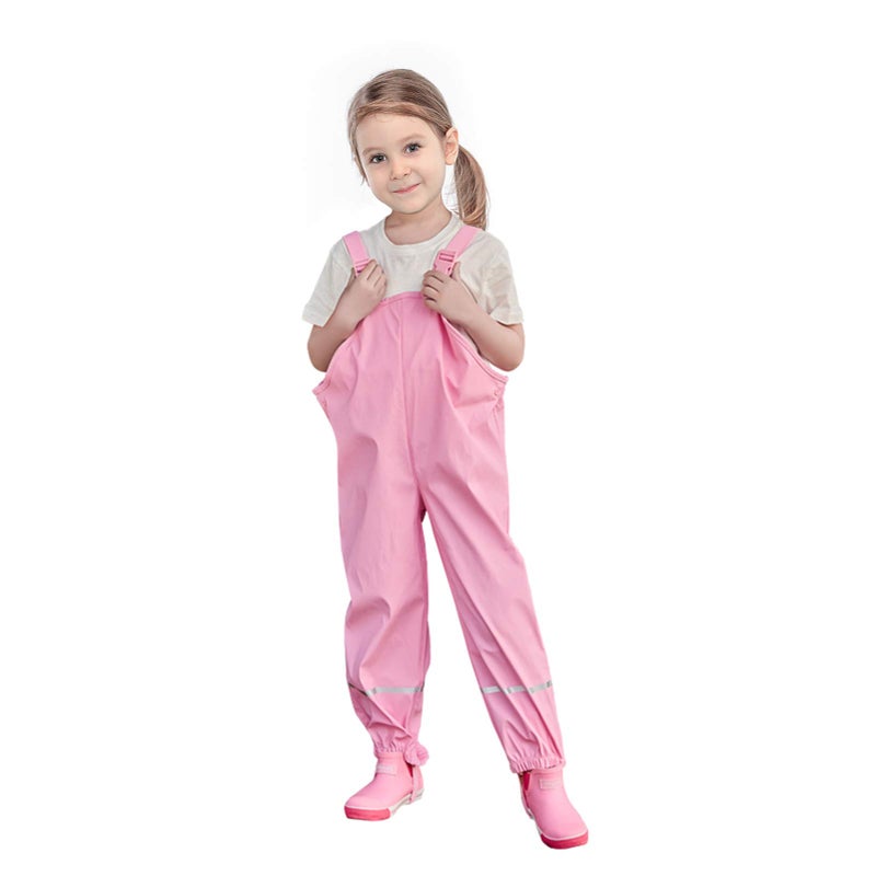 SSAWcasa Kids Rain Pants, Toddler Waterproof Little/Big Boys Girls Pants, Trail and Rain Splash Overalls, Mud Dirty Proof Rain Suspender Trousers (Pink, M) - Image 1