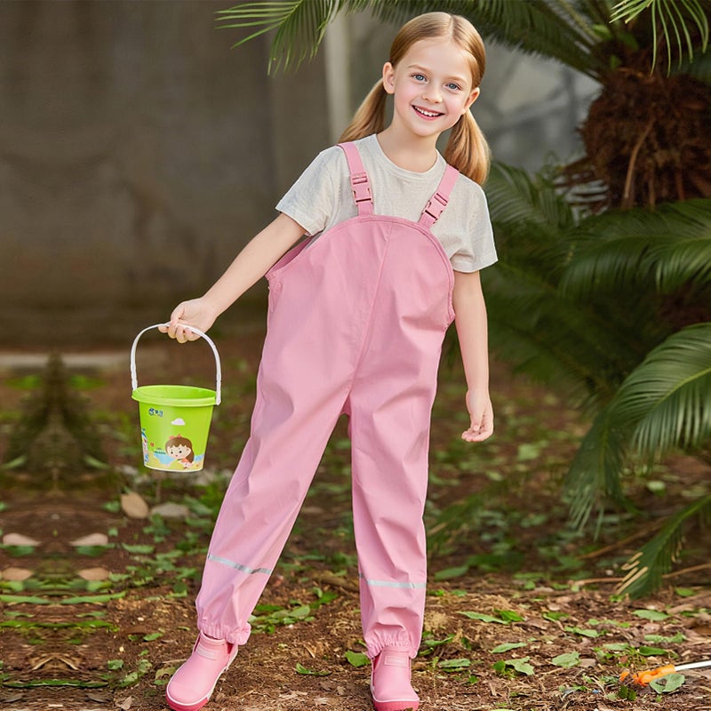 SSAWcasa Kids Rain Pants, Toddler Waterproof Little/Big Boys Girls Pants, Trail and Rain Splash Overalls, Mud Dirty Proof Rain Suspender Trousers (Pink, M) - Image 2