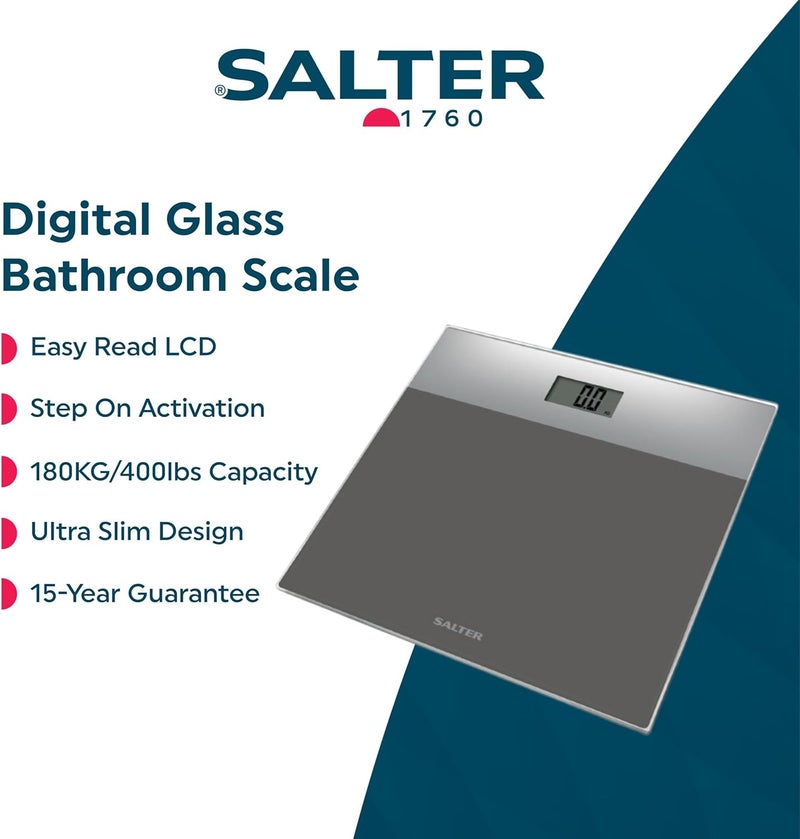 Salter Digital Bathroom Scale Easy Read LCD Display 180 kg 28 st Capacity Instant Read Step On Activation Battery Included Neat Storage 15 Year Guarantee Two Tone Design SilverGrey - Image 2