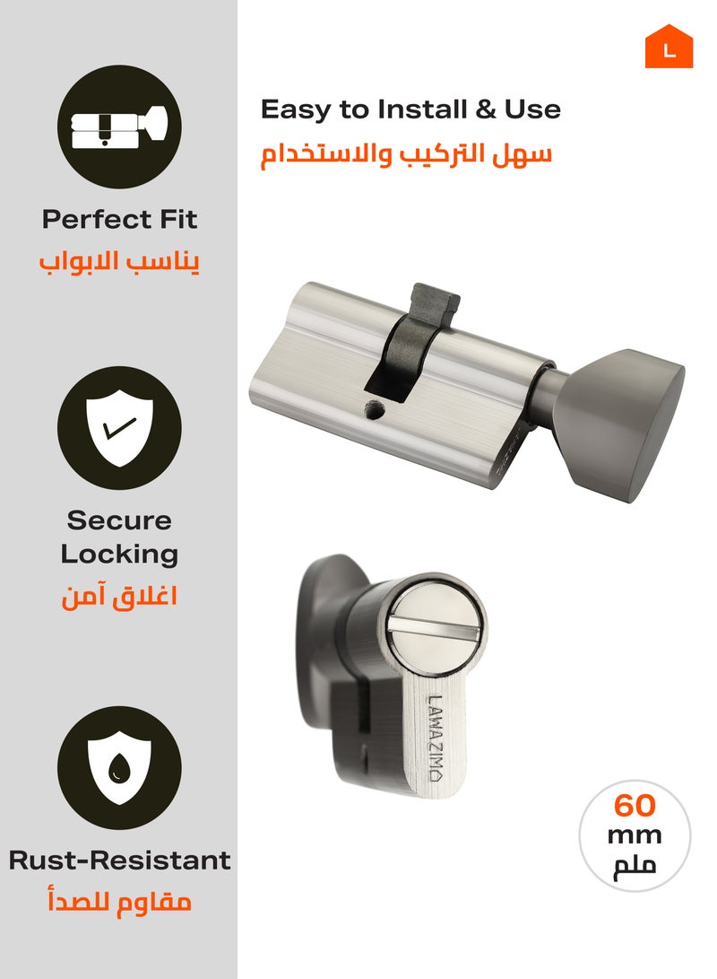 LAWAZIM 60mm Thumbturn Cylinder Keyless Euro Lock with Handle Matte Silver Steel Latch Operation for Bathroom Office Warehouse Wooden Metal Door Security Replacement - Image 2