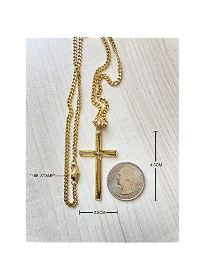 Arabest 18K Gold Chain Style Cross Pendant Necklace Solid Clasp for Men, Husband Thin for Charms Miami Cuban Link Diamond Cut Religious Beveled Edge - Image 2