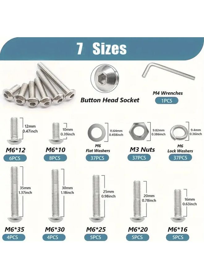 148pcs M6 Metric Stainless Steel Button Head Hex Socket Cap Screw Kit with Washers Nuts - Image 3