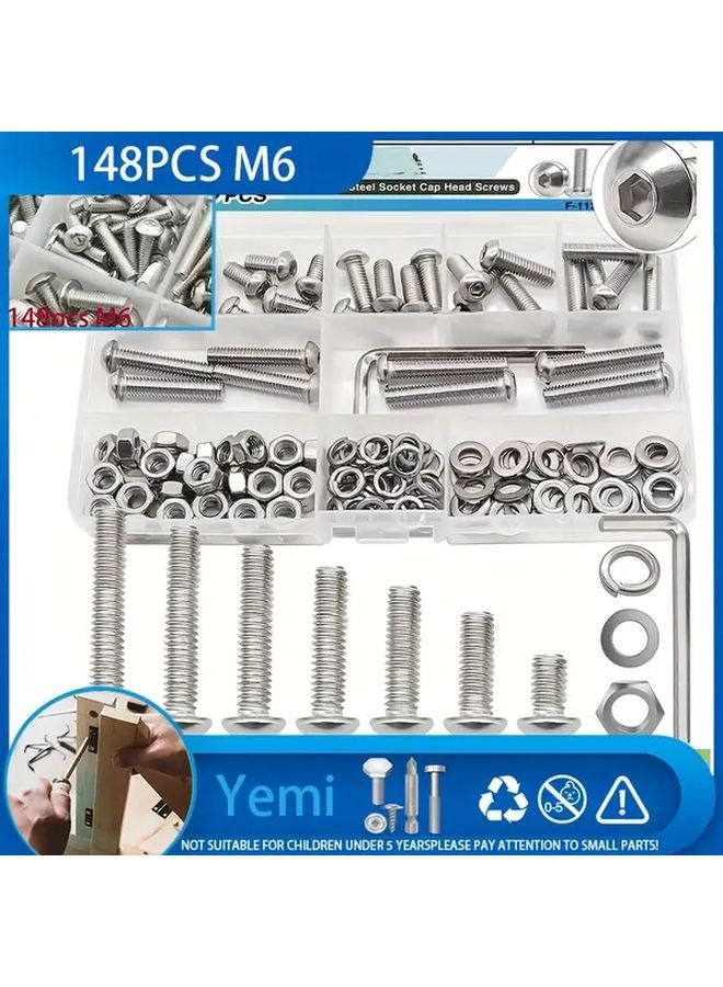 148pcs M6 Metric Stainless Steel Button Head Hex Socket Cap Screw Kit with Washers Nuts - Image 2