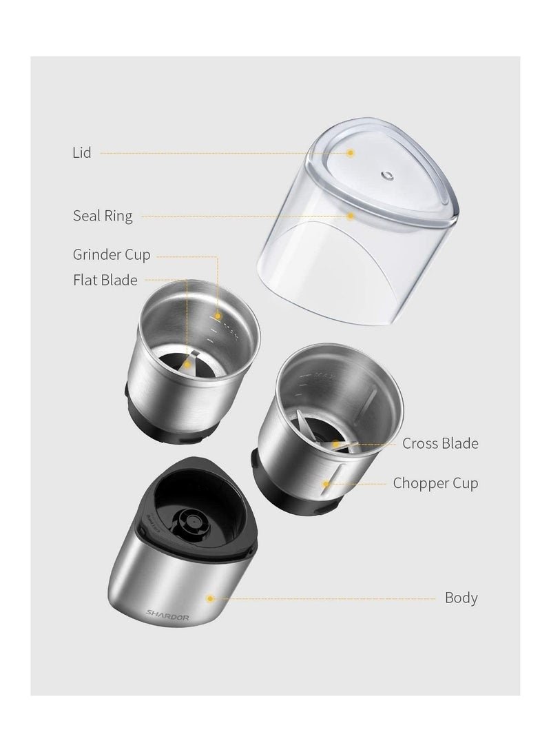 SHARDOR Coffee Grinder Electric Herb/Wet Grinder for Spices and Seeds with 2 Removable Stainless Steel Bowls, Silver - Image 5