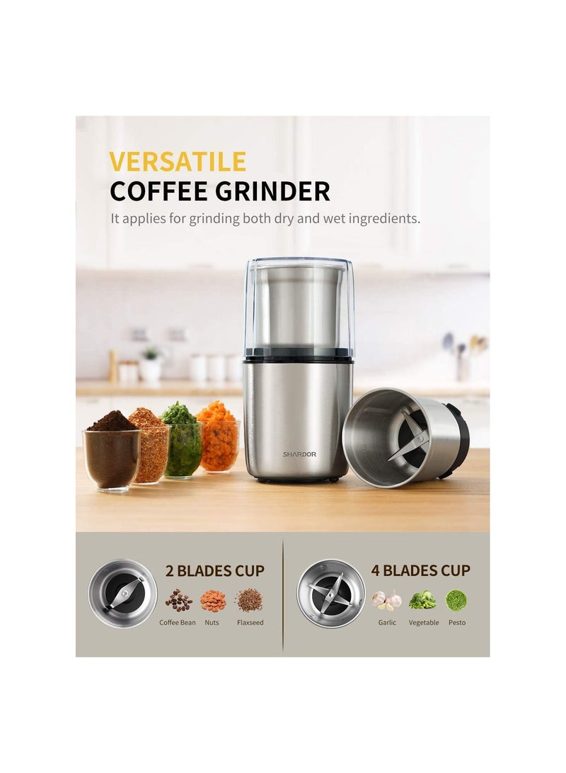 SHARDOR Coffee Grinder Electric Herb/Wet Grinder for Spices and Seeds with 2 Removable Stainless Steel Bowls, Silver - Image 3