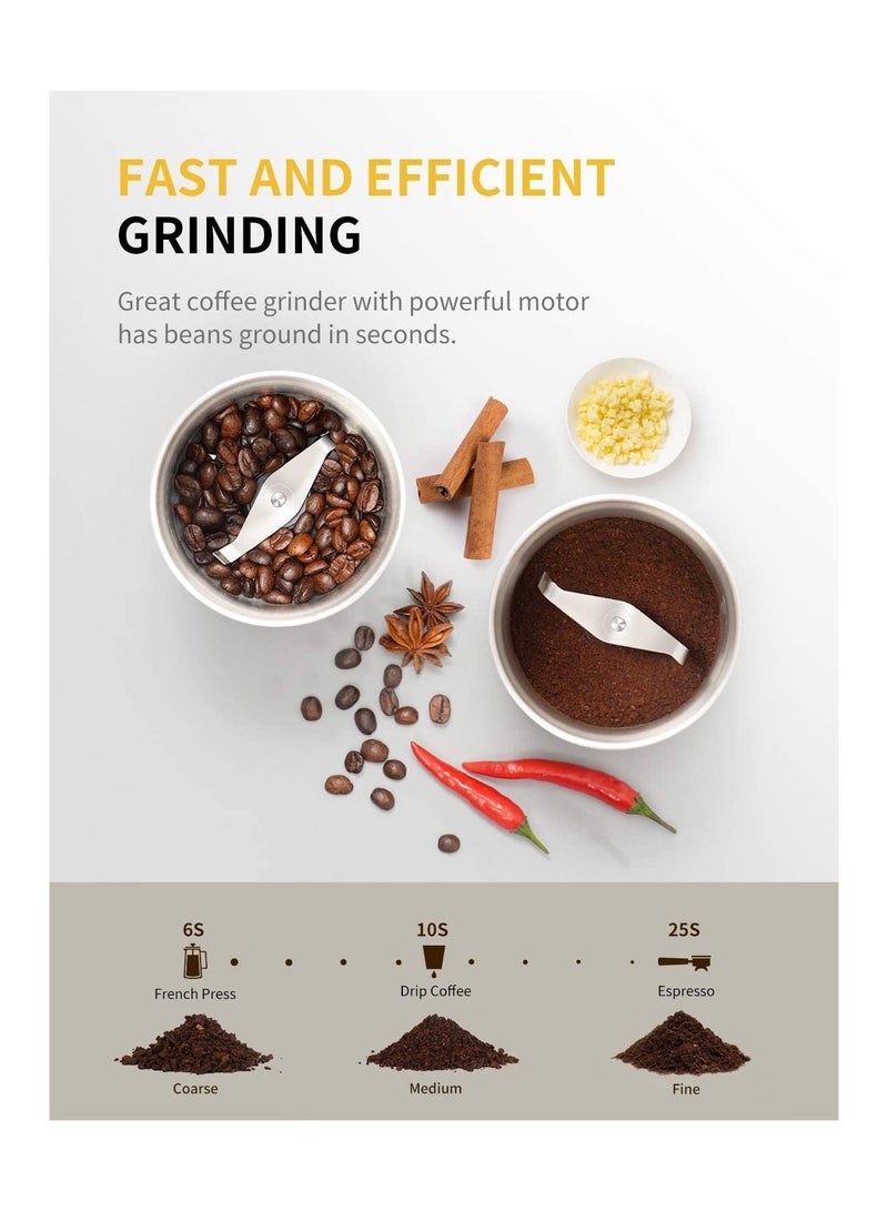 SHARDOR Coffee Grinder Electric Herb/Wet Grinder for Spices and Seeds with 2 Removable Stainless Steel Bowls, Silver - Image 4