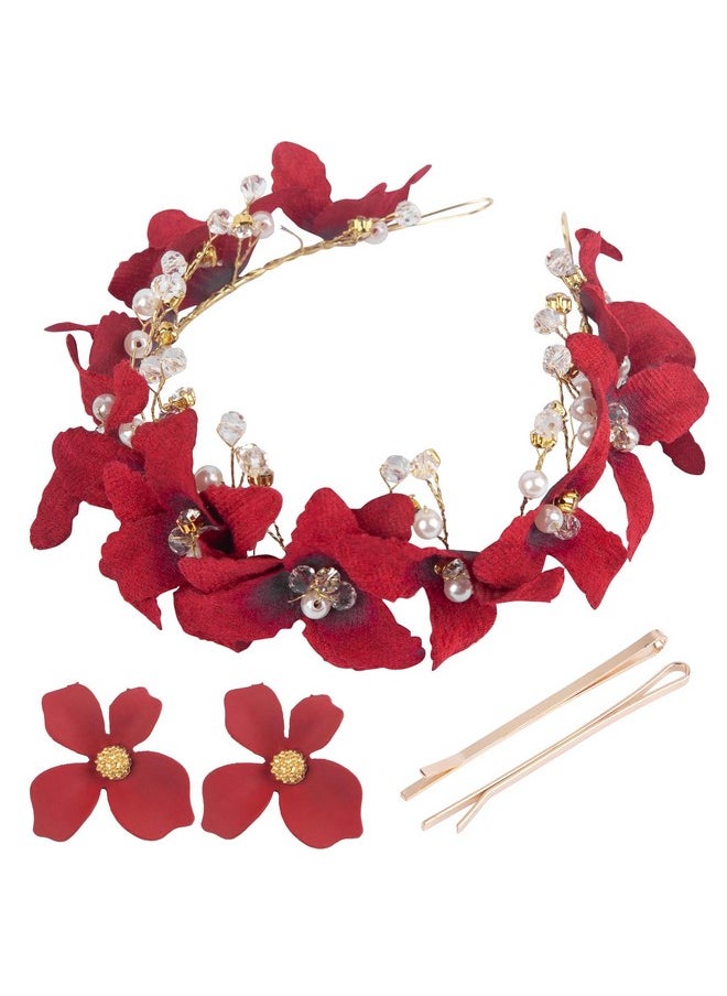 Framendino - 1 Set Red Bridal Headband Crystal Flower Crown Wedding Headpiece With Earring Rose Hair Vine For Women Girls - Image 1