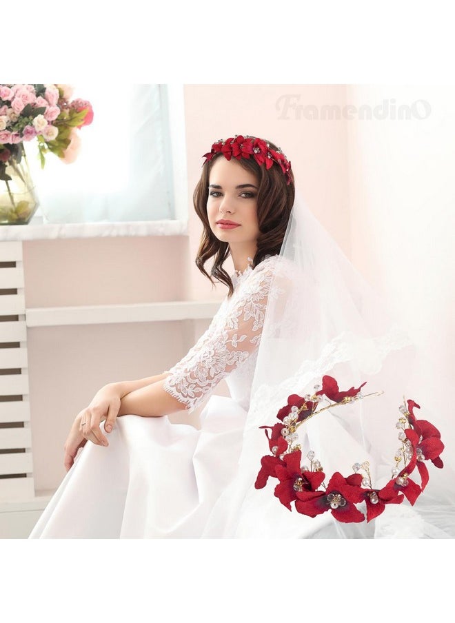 Framendino - 1 Set Red Bridal Headband Crystal Flower Crown Wedding Headpiece With Earring Rose Hair Vine For Women Girls - Image 1