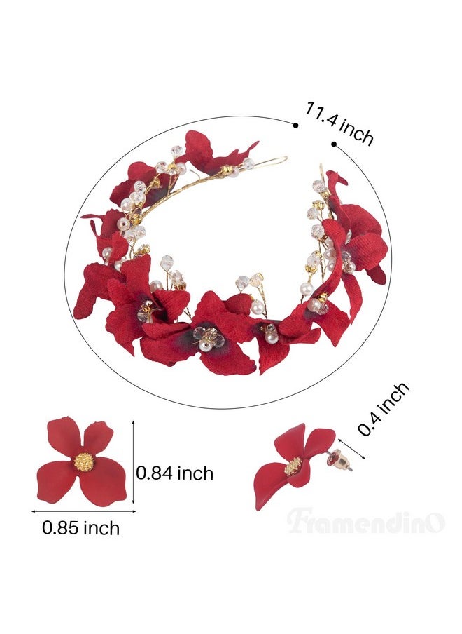 Framendino - 1 Set Red Bridal Headband Crystal Flower Crown Wedding Headpiece With Earring Rose Hair Vine For Women Girls - Image 1