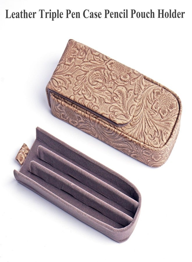 Haecsfl Leather Triple Pen Case Pencil Pouch Holder for Three Fountain Ballpoint Rollerball Pens and Pencils Gift Choice for Man/Woman/Office(1-Carved3 Apricot) - Image 3