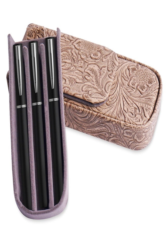 Haecsfl Leather Triple Pen Case Pencil Pouch Holder for Three Fountain Ballpoint Rollerball Pens and Pencils Gift Choice for Man/Woman/Office(1-Carved3 Apricot) - Image 1